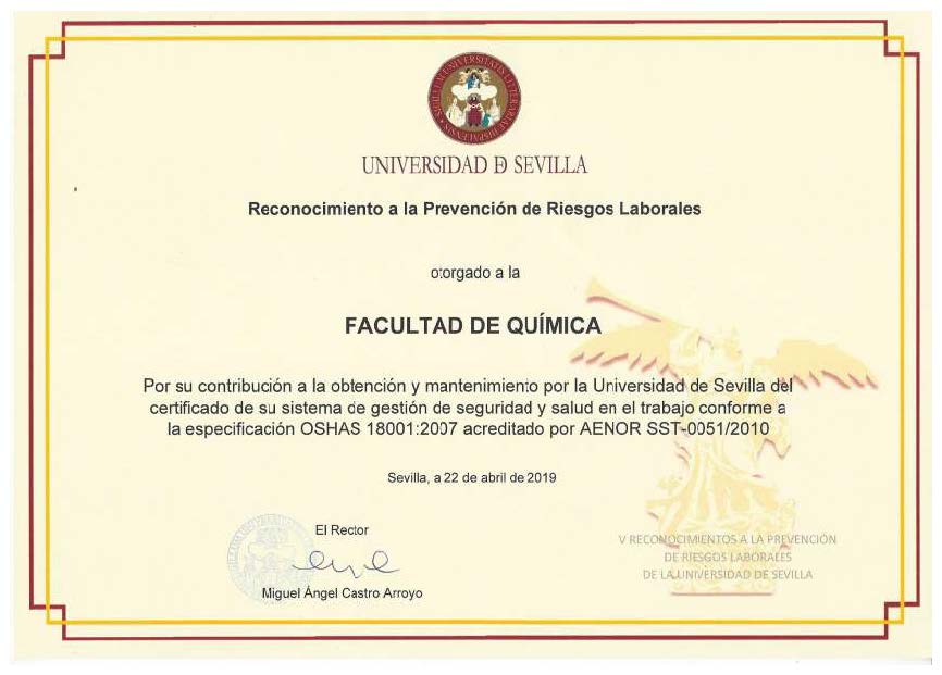 Reconocimiento a la Prevención de Riesgos Laborales Facultad de Química